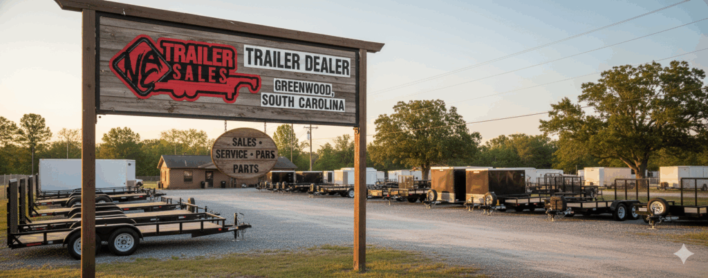 A row of open utility trailers lined up on the lot at NAC Trailer Sales