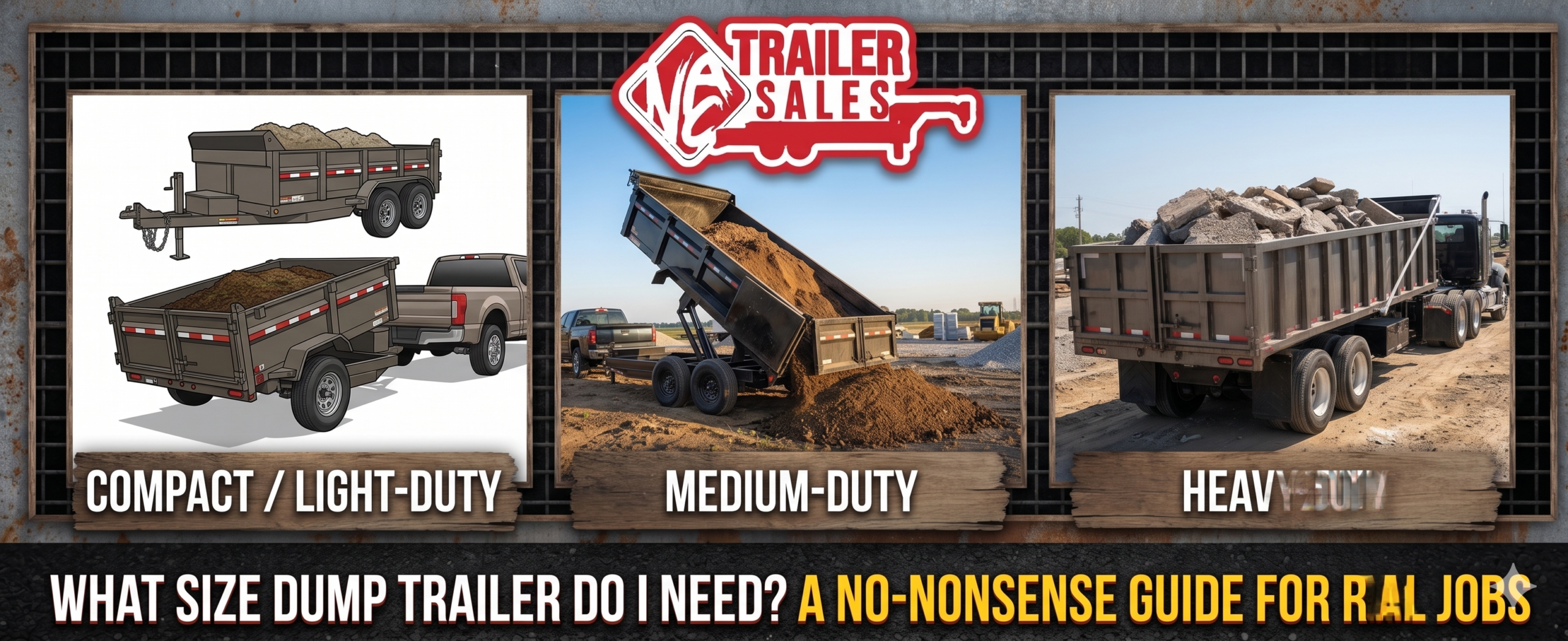 Three dump trailer sizes side by side — a compact 6x12, a mid-size 7x14, and a heavy-duty 7x16 dump trailer.